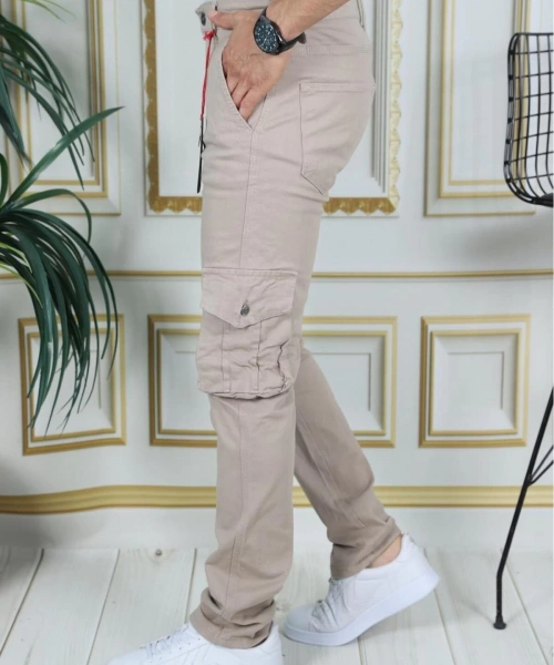 Erkek Bej Likralı Kargo Pantolon Esnek Gabardin/Kanvas Körüklü Cep Komando Kargo Cep Şık Pantolon