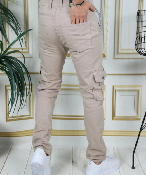 Erkek Bej Likralı Kargo Pantolon Esnek Gabardin/Kanvas Körüklü Cep Komando Kargo Cep Şık Pantolon