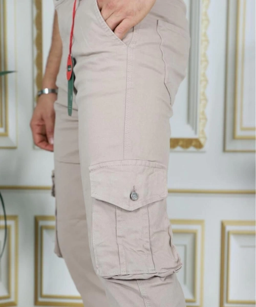 Erkek Bej Likralı Kargo Pantolon Esnek Gabardin/Kanvas Körüklü Cep Komando Kargo Cep Şık Pantolon