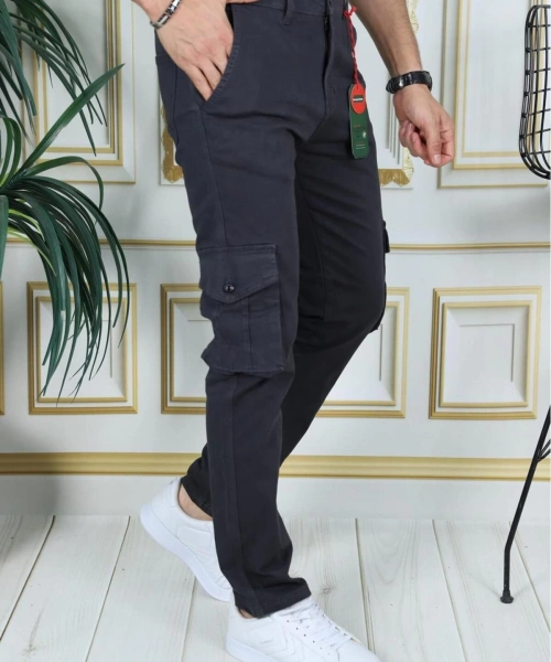 Erkek Füme Likralı Kargo Pantolon Esnek Gabardin/Kanvas Körüklü Cep Komando Kargo Cep Şık Pantolon