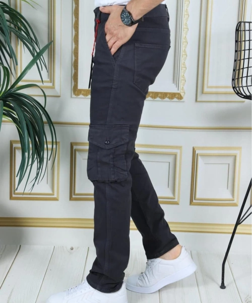 Erkek Füme Likralı Kargo Pantolon Esnek Gabardin/Kanvas Körüklü Cep Komando Kargo Cep Şık Pantolon