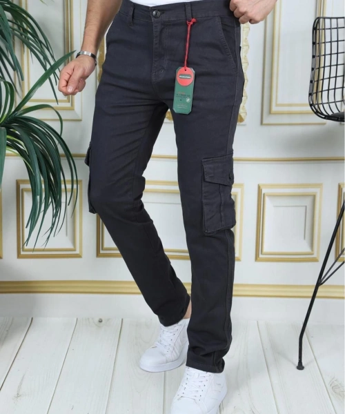 Erkek Füme Likralı Kargo Pantolon Esnek Gabardin/Kanvas Körüklü Cep Komando Kargo Cep Şık Pantolon