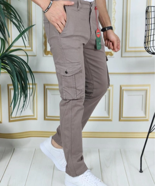 Erkek Kahve Likralı Kargo Pantolon Esnek Gabardin/Kanvas Körüklü Cep Komando Kargo Cep Şık Pantolon