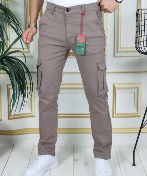Erkek Kahve Likralı Kargo Pantolon Esnek Gabardin/Kanvas Körüklü Cep Komando Kargo Cep Şık Pantolon