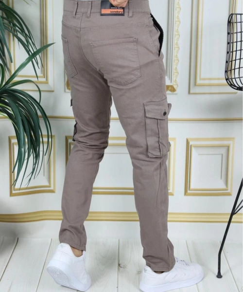 Erkek Kahve Likralı Kargo Pantolon Esnek Gabardin/Kanvas Körüklü Cep Komando Kargo Cep Şık Pantolon