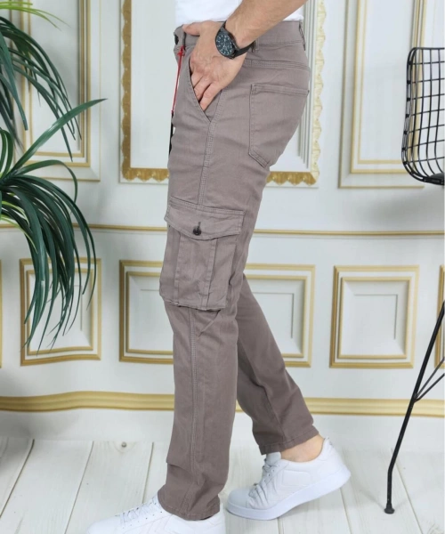 Erkek Kahve Likralı Kargo Pantolon Esnek Gabardin/Kanvas Körüklü Cep Komando Kargo Cep Şık Pantolon