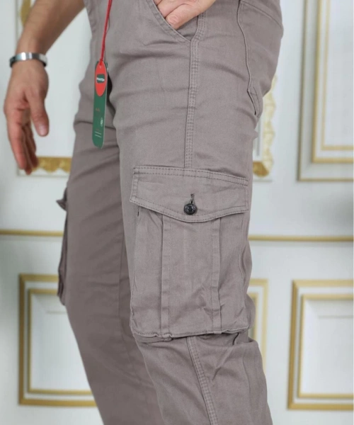 Erkek Kahve Likralı Kargo Pantolon Esnek Gabardin/Kanvas Körüklü Cep Komando Kargo Cep Şık Pantolon