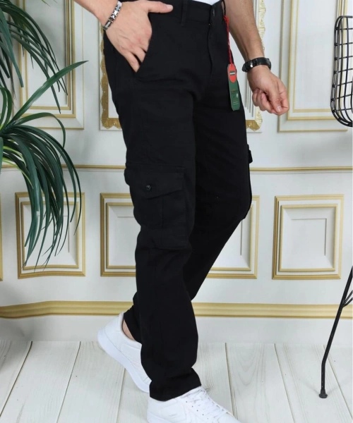 Erkek Siyah Likralı Kargo Pantolon Esnek Gabardin/Kanvas Körüklü Cep Komando Kargo Cep Şık Pantolon