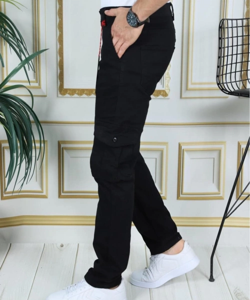 Erkek Siyah Likralı Kargo Pantolon Esnek Gabardin/Kanvas Körüklü Cep Komando Kargo Cep Şık Pantolon