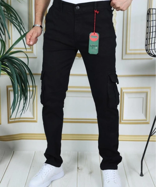 Erkek Siyah Likralı Kargo Pantolon Esnek Gabardin/Kanvas Körüklü Cep Komando Kargo Cep Şık Pantolon
