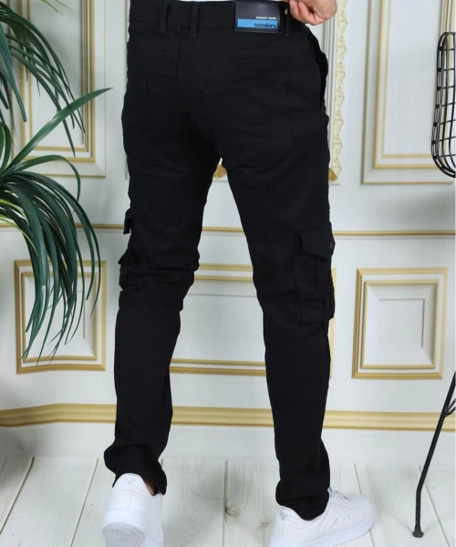Erkek Siyah Likralı Kargo Pantolon Esnek Gabardin/Kanvas Körüklü Cep Komando Kargo Cep Şık Pantolon