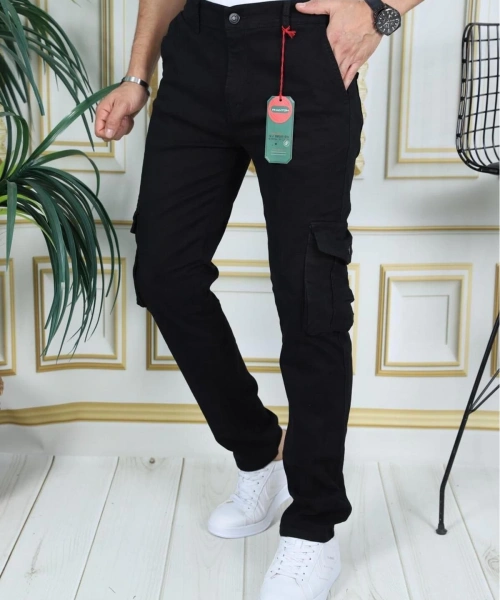 Erkek Siyah Likralı Kargo Pantolon Esnek Gabardin/Kanvas Körüklü Cep Komando Kargo Cep Şık Pantolon