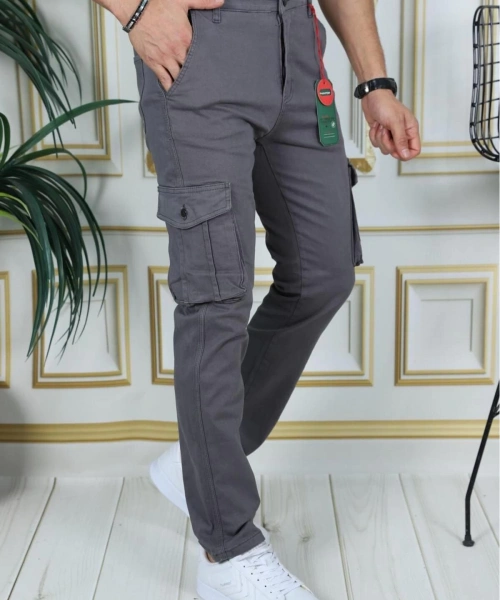 Erkek Gri Likralı Kargo Pantolon Esnek Gabardin/Kanvas Körüklü Cep Komando Kargo Cep Şık Pantolon