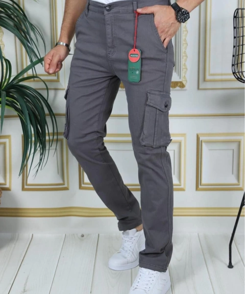 Erkek Gri Likralı Kargo Pantolon Esnek Gabardin/Kanvas Körüklü Cep Komando Kargo Cep Şık Pantolon