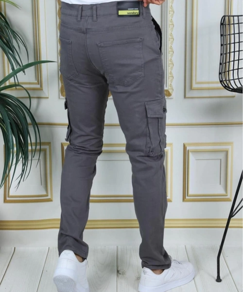 Erkek Gri Likralı Kargo Pantolon Esnek Gabardin/Kanvas Körüklü Cep Komando Kargo Cep Şık Pantolon