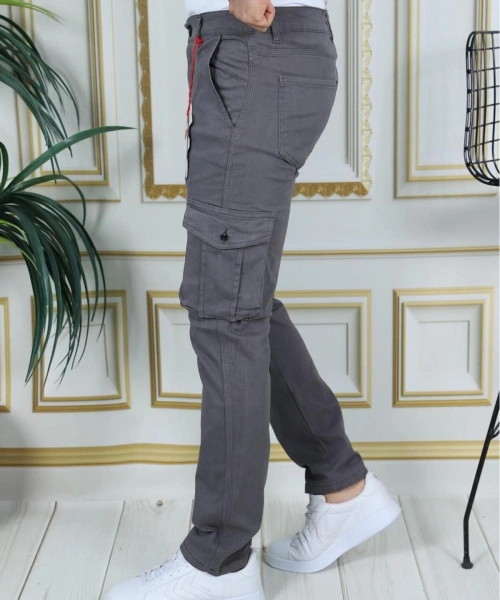 Erkek Gri Likralı Kargo Pantolon Esnek Gabardin/Kanvas Körüklü Cep Komando Kargo Cep Şık Pantolon