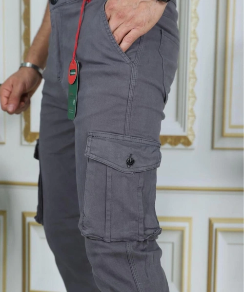 Erkek Gri Likralı Kargo Pantolon Esnek Gabardin/Kanvas Körüklü Cep Komando Kargo Cep Şık Pantolon