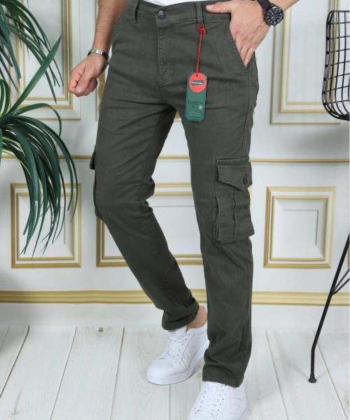 Erkek Haki Likralı Kargo Pantolon Esnek Gabardin/Kanvas Körüklü Cep Komando Kargo Cep Şık Pantolon