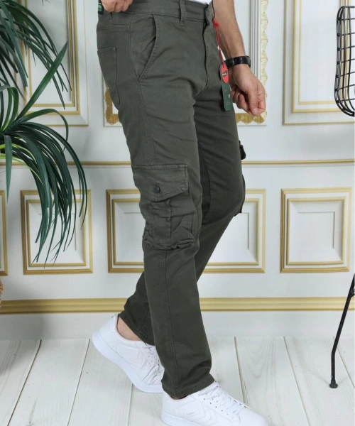 Erkek Haki Likralı Kargo Pantolon Esnek Gabardin/Kanvas Körüklü Cep Komando Kargo Cep Şık Pantolon