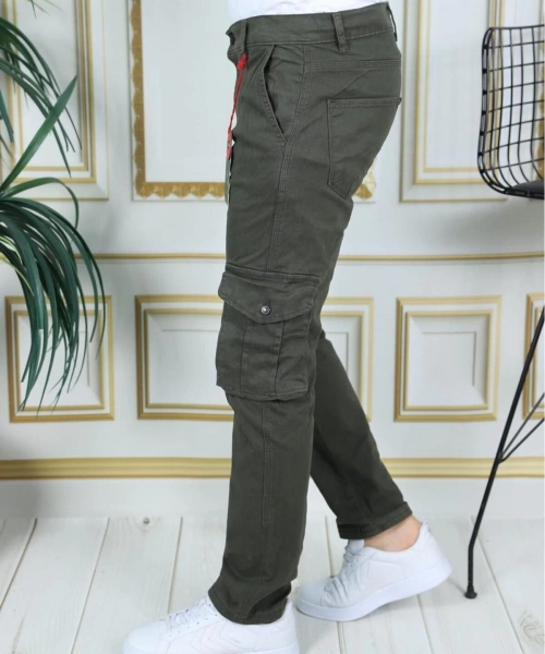 Erkek Haki Likralı Kargo Pantolon Esnek Gabardin/Kanvas Körüklü Cep Komando Kargo Cep Şık Pantolon