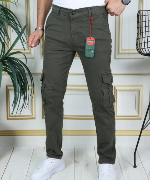 Erkek Haki Likralı Kargo Pantolon Esnek Gabardin/Kanvas Körüklü Cep Komando Kargo Cep Şık Pantolon