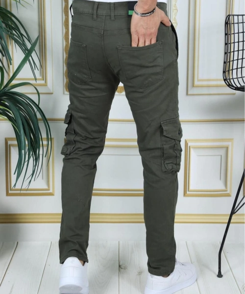 Erkek Haki Likralı Kargo Pantolon Esnek Gabardin/Kanvas Körüklü Cep Komando Kargo Cep Şık Pantolon