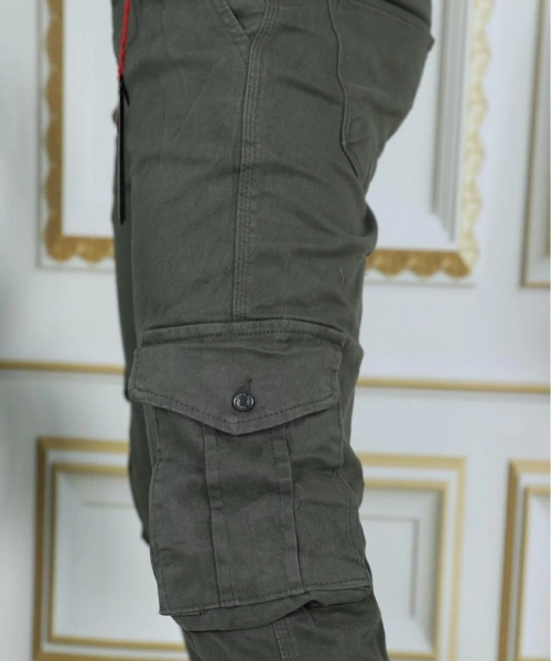 Erkek Haki Likralı Kargo Pantolon Esnek Gabardin/Kanvas Körüklü Cep Komando Kargo Cep Şık Pantolon