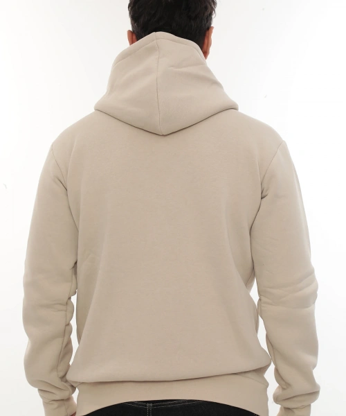 Erkek Bej Standart Fit Normal Kesim Içi Polarlı Tam Fermuarlı Kapüşonlu Pamuklu Sweatshirt