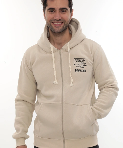 Erkek Bej Standart Fit Normal Kesim Içi Polarlı Tam Fermuarlı Kapüşonlu Pamuklu Sweatshirt