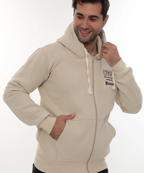 Erkek Bej Standart Fit Normal Kesim Içi Polarlı Tam Fermuarlı Kapüşonlu Pamuklu Sweatshirt