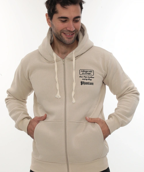 Erkek Bej Standart Fit Normal Kesim Içi Polarlı Tam Fermuarlı Kapüşonlu Pamuklu Sweatshirt