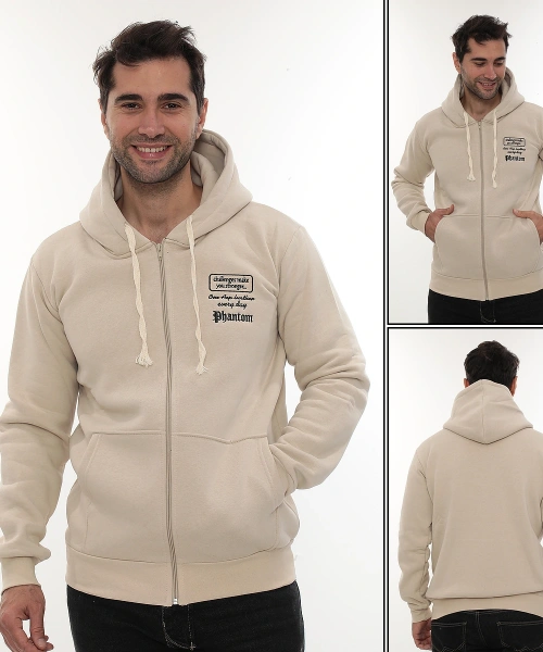 Erkek Bej Standart Fit Normal Kesim Içi Polarlı Tam Fermuarlı Kapüşonlu Pamuklu Sweatshirt