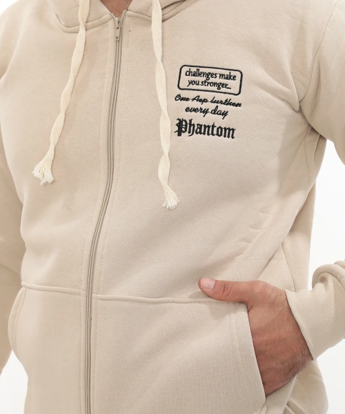 Erkek Bej Standart Fit Normal Kesim Içi Polarlı Tam Fermuarlı Kapüşonlu Pamuklu Sweatshirt