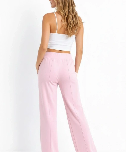 Kadın Pembe Modal Bol Paça Çımalı Yüksek Bel Yumuşak Dokulu Beli Lastikli Likralı Pantolon