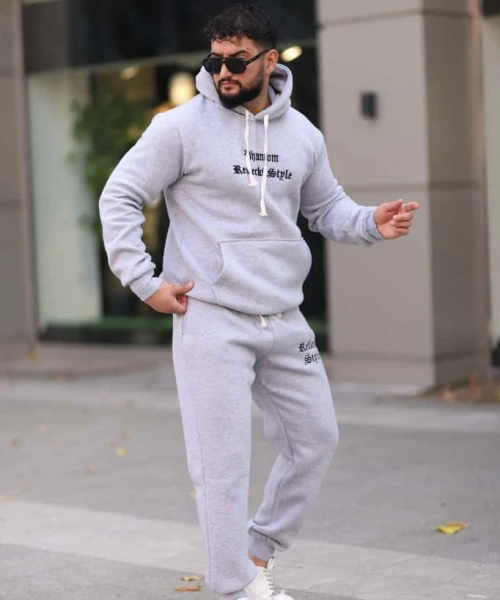 Açık Gri Şık İçi Polarlı Erkek Eşofman Takımı Paça Lastikli Cepli Kapüşonlu Nakış Detaylı Compact Takım