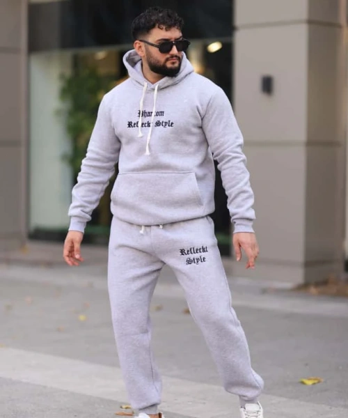 Açık Gri Şık İçi Polarlı Erkek Eşofman Takımı Paça Lastikli Cepli Kapüşonlu Nakış Detaylı Compact Takım