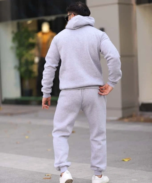 Açık Gri Şık İçi Polarlı Erkek Eşofman Takımı Paça Lastikli Cepli Kapüşonlu Nakış Detaylı Compact Takım