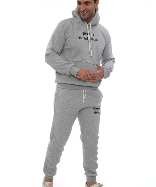 Açık Gri Şık İçi Polarlı Erkek Eşofman Takımı Paça Lastikli Cepli Kapüşonlu Nakış Detaylı Compact Takım
