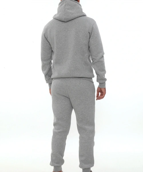 Açık Gri Şık İçi Polarlı Erkek Eşofman Takımı Paça Lastikli Cepli Kapüşonlu Nakış Detaylı Compact Takım