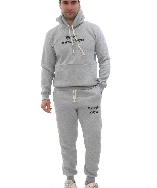 Açık Gri Şık İçi Polarlı Erkek Eşofman Takımı Paça Lastikli Cepli Kapüşonlu Nakış Detaylı Compact Takım