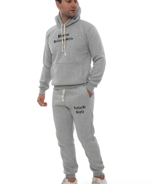 Açık Gri Şık İçi Polarlı Erkek Eşofman Takımı Paça Lastikli Cepli Kapüşonlu Nakış Detaylı Compact Takım