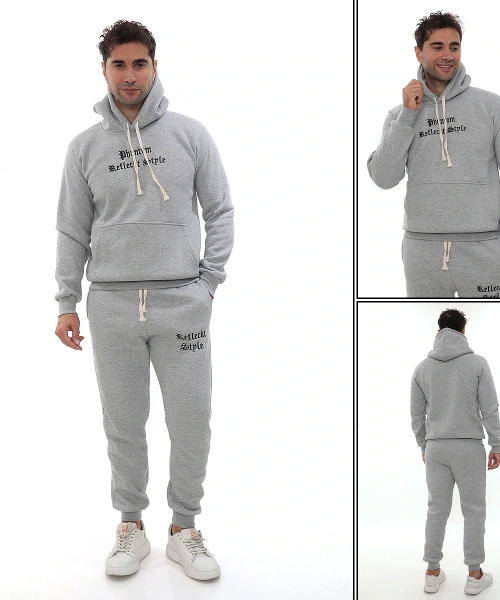 Açık Gri Şık İçi Polarlı Erkek Eşofman Takımı Paça Lastikli Cepli Kapüşonlu Nakış Detaylı Compact Takım