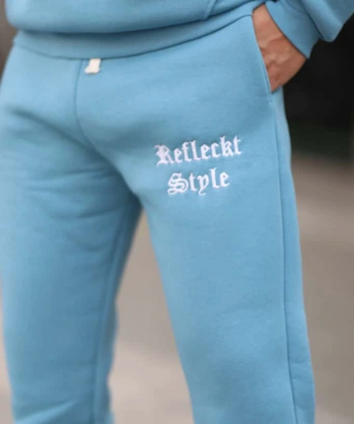 Açık Mavi Turkuaz İçi Polarlı Erkek Eşofman Takımı Paça Lastikli Cepli Kapüşonlu Nakış Detaylı Compact Takım