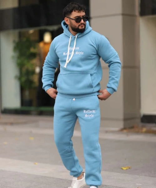 Açık Mavi Turkuaz İçi Polarlı Erkek Eşofman Takımı Paça Lastikli Cepli Kapüşonlu Nakış Detaylı Compact Takım
