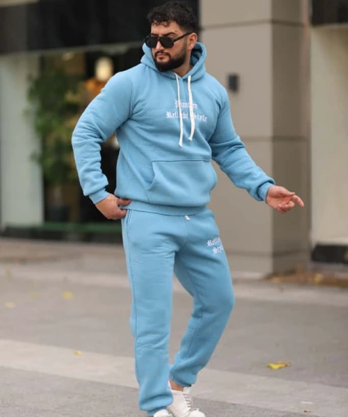 Açık Mavi Turkuaz İçi Polarlı Erkek Eşofman Takımı Paça Lastikli Cepli Kapüşonlu Nakış Detaylı Compact Takım