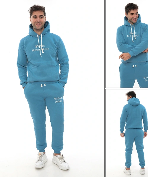 Açık Mavi Turkuaz İçi Polarlı Erkek Eşofman Takımı Paça Lastikli Cepli Kapüşonlu Nakış Detaylı Compact Takım