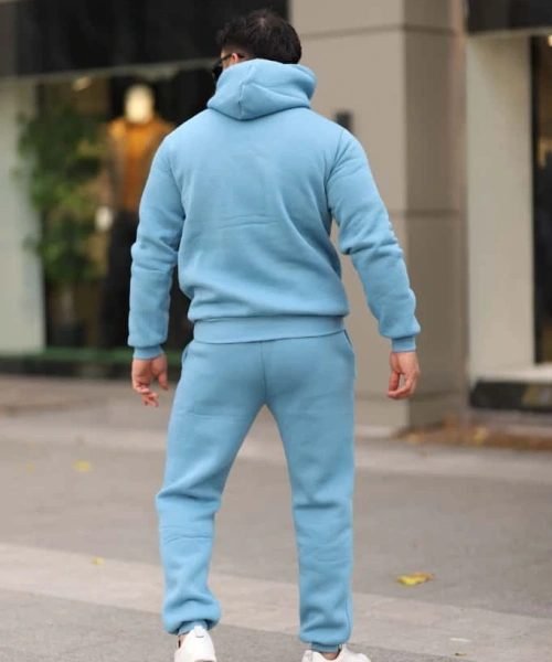 Açık Mavi Turkuaz İçi Polarlı Erkek Eşofman Takımı Paça Lastikli Cepli Kapüşonlu Nakış Detaylı Compact Takım