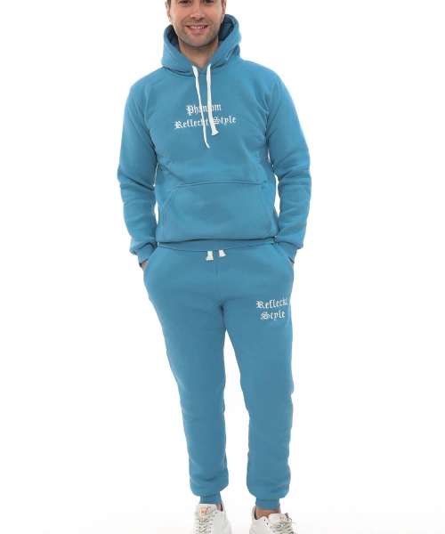 Açık Mavi Turkuaz İçi Polarlı Erkek Eşofman Takımı Paça Lastikli Cepli Kapüşonlu Nakış Detaylı Compact Takım