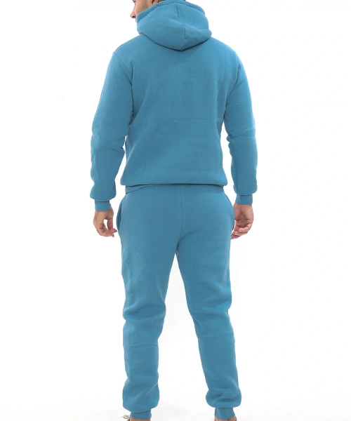 Açık Mavi Turkuaz İçi Polarlı Erkek Eşofman Takımı Paça Lastikli Cepli Kapüşonlu Nakış Detaylı Compact Takım