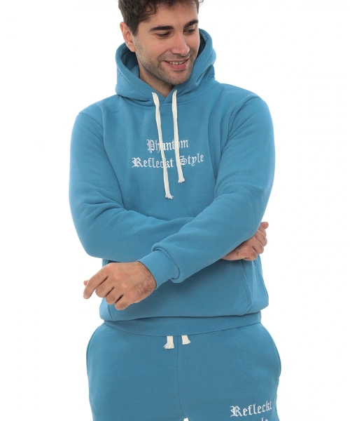 Açık Mavi Turkuaz İçi Polarlı Erkek Eşofman Takımı Paça Lastikli Cepli Kapüşonlu Nakış Detaylı Compact Takım